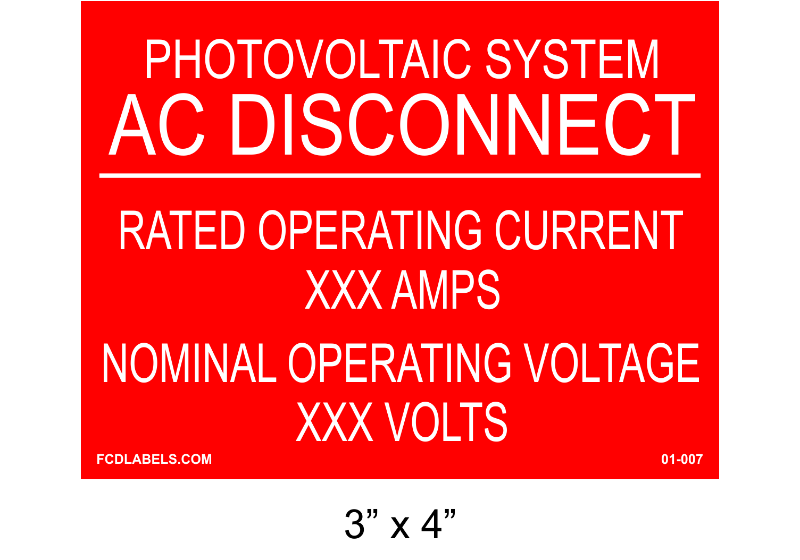 3" x 4" | Photovoltaic AC Disconnect | Custom Solar Placards