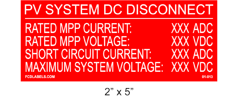 2" x 5" | Photovoltaic System DC Disconnect | Solar Specification Placards - Red & White