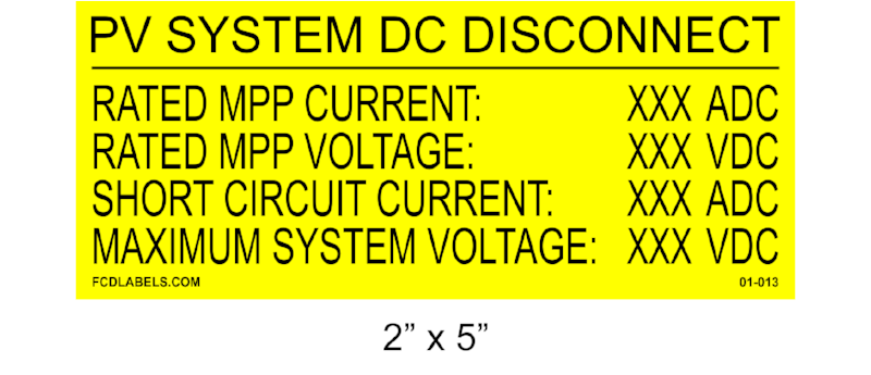 2" x 5" | Photovoltaic System DC Disconnect | Solar Specification Placards - Yellow & Black