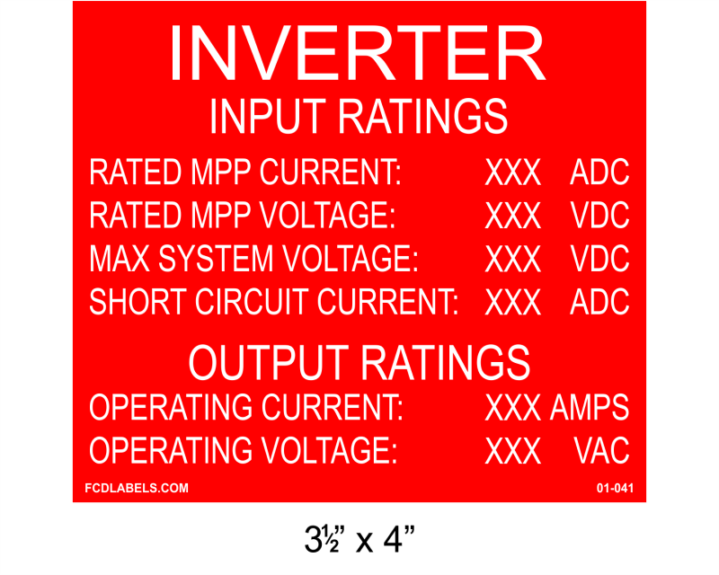3.5" x 4" | Inverter Input / Output Ratings | Solar Specifications Placards