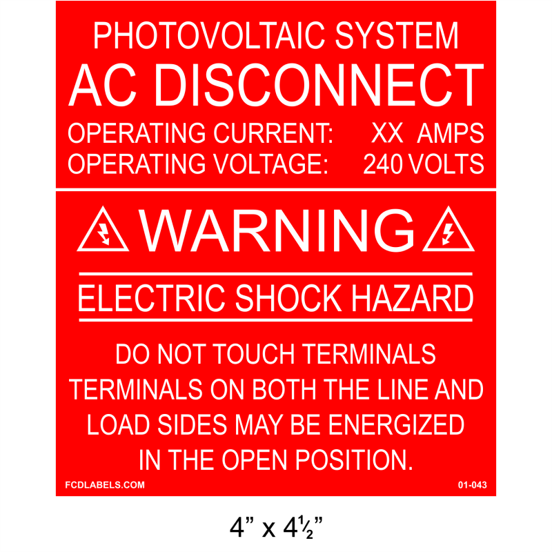 4" x 4.5" | AC Disconnect Do Not Touch Terminals | Solar Spec Placard