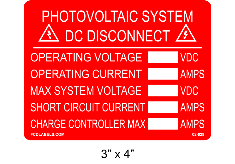 Red & White 3" x 4" | Photovoltaic System DC Disconnect | Custom Solar Labels