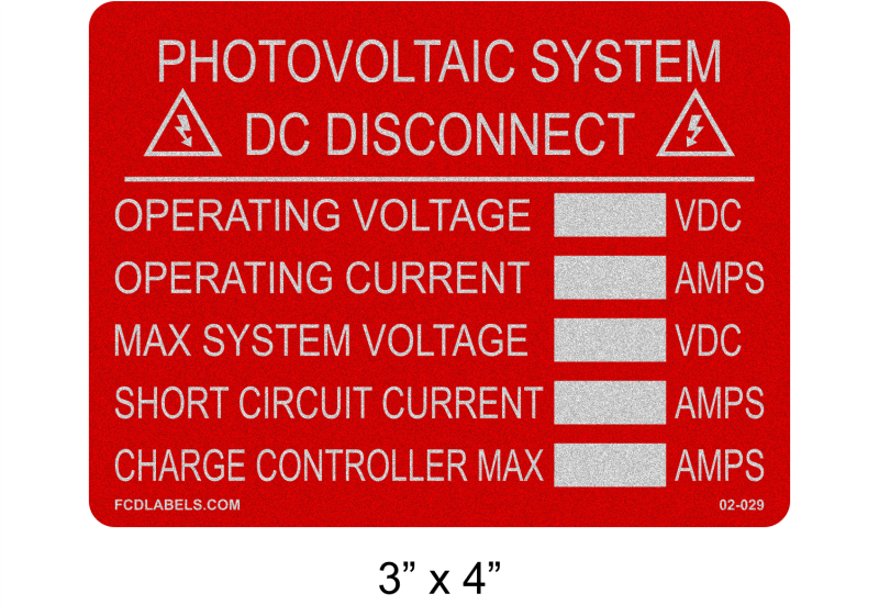 Reflective Red & White 3" x 4" | Photovoltaic System DC Disconnect | Custom Solar Labels