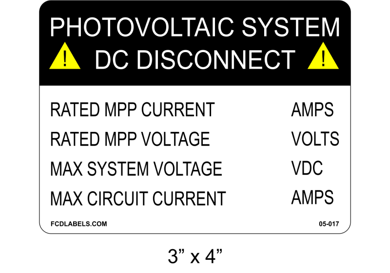 ANSI 3" x 4" | Photovoltaic System DC Disconnect | Custom Solar Labels
