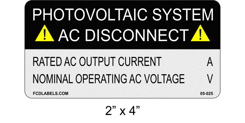 ANSI Reflective 2" x 4" | Photovoltaic System AC Disconnect | Custom Solar Spec Stickers