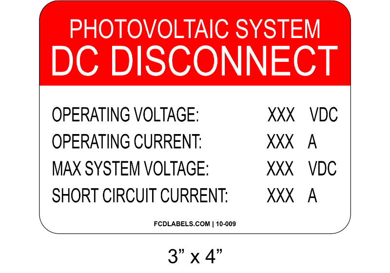 3" x 4" | Photovoltaic System DC Disconnect | Custom Solar Signage