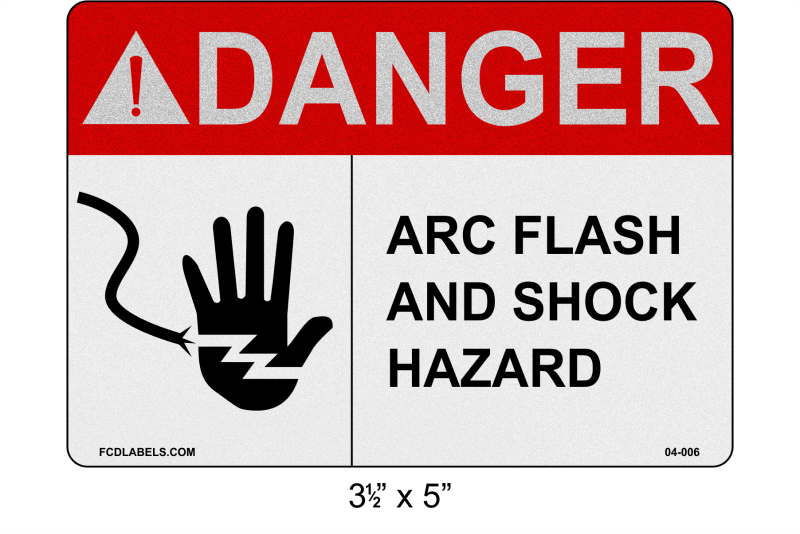 3.5" x 5" | ANSI Danger Arc Flash and Shock Hazard | Hand Symbol reflective