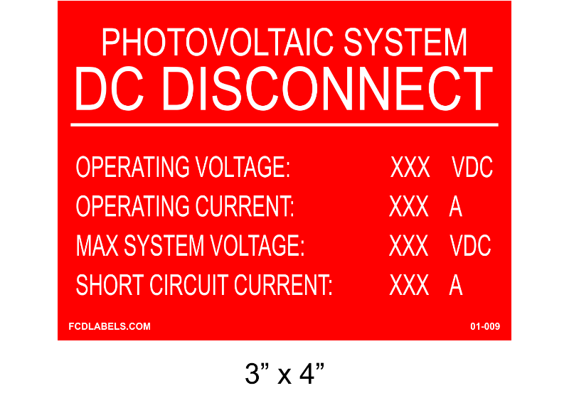 3" x 4" | Photovoltaic System DC Disconnect | Custom Solar Placards