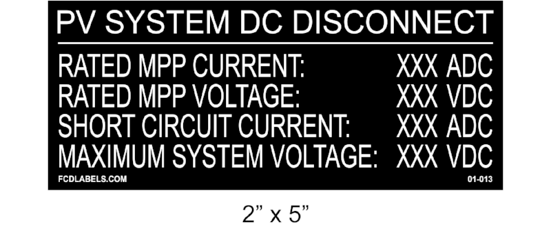 2" x 5" | Photovoltaic System DC Disconnect | Solar Specification Placards - Black & White