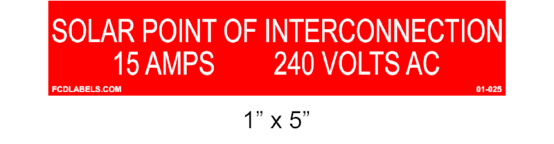 1" x 5" | Solar Point of Interconnection | Custom Solar Specification Placards