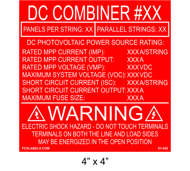 4" x 4" Red | DC Combiner | Solar Specifications Placards