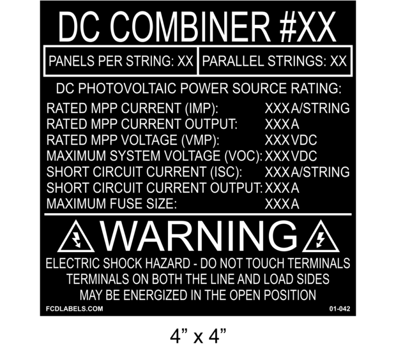 4" x 4" Black | DC Combiner | Solar Specifications Placards