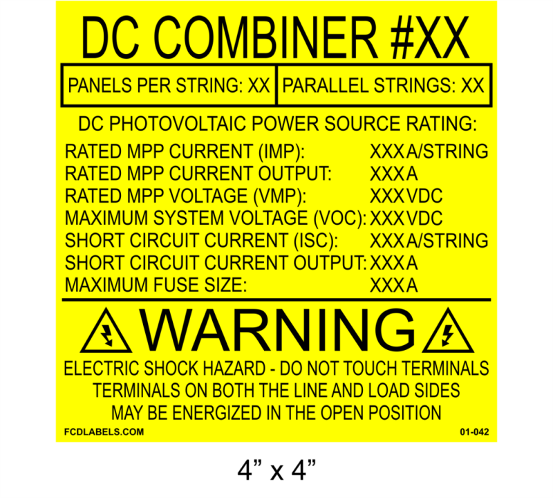 4" x 4" Yellow | DC Combiner | Solar Specifications Placards