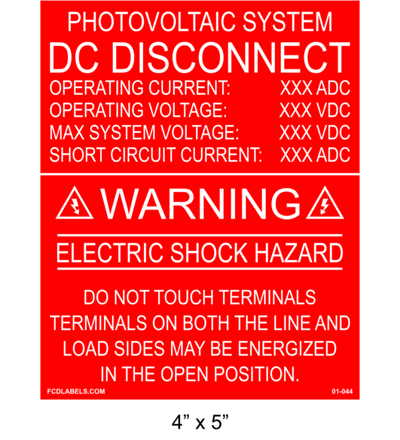 4" x 5" | DC Disconnect Do Not Touch Terminals | Solar Spec Placard