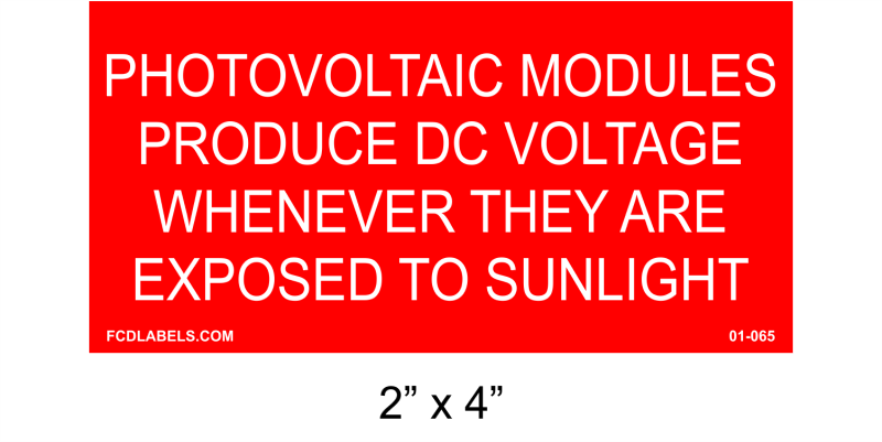2" x 4" | Photovoltaic Modules DC Voltage | Solar System Placards