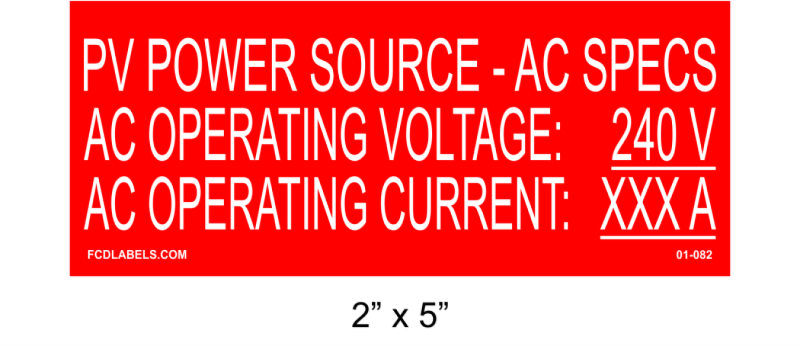 2" x 5" | PV Power Source AC Specs | Custom Solar Placards