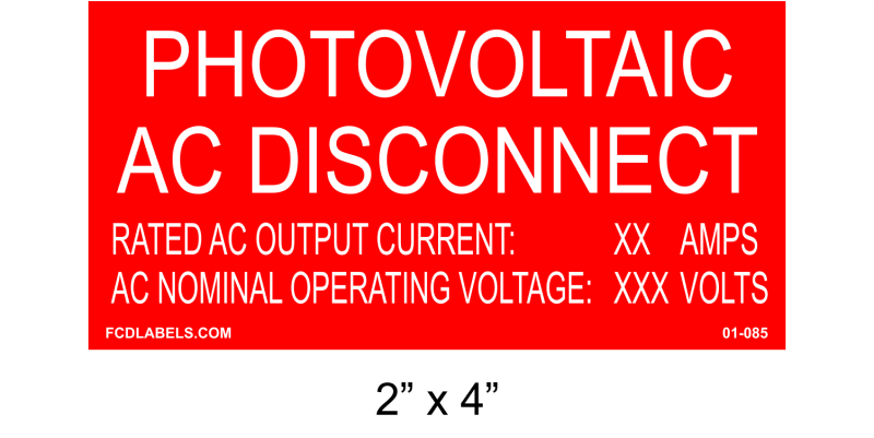 2" x 4" | Photovoltaic AC Disconnect | Custom Solar Placards