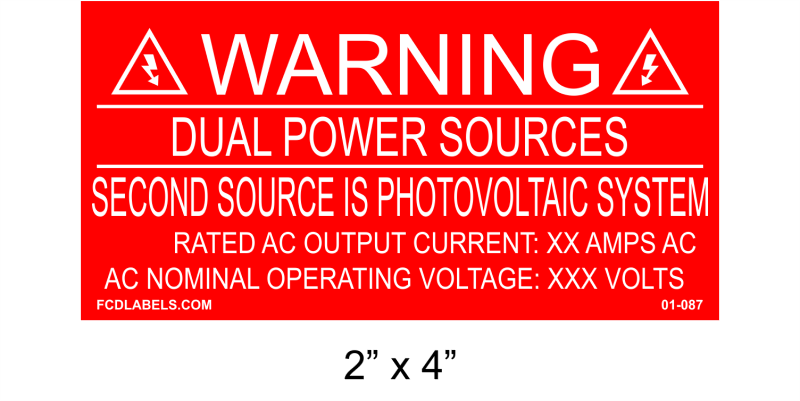 2" x 4 | Dual Power Sources Photovoltaic System | Custom PV Placards