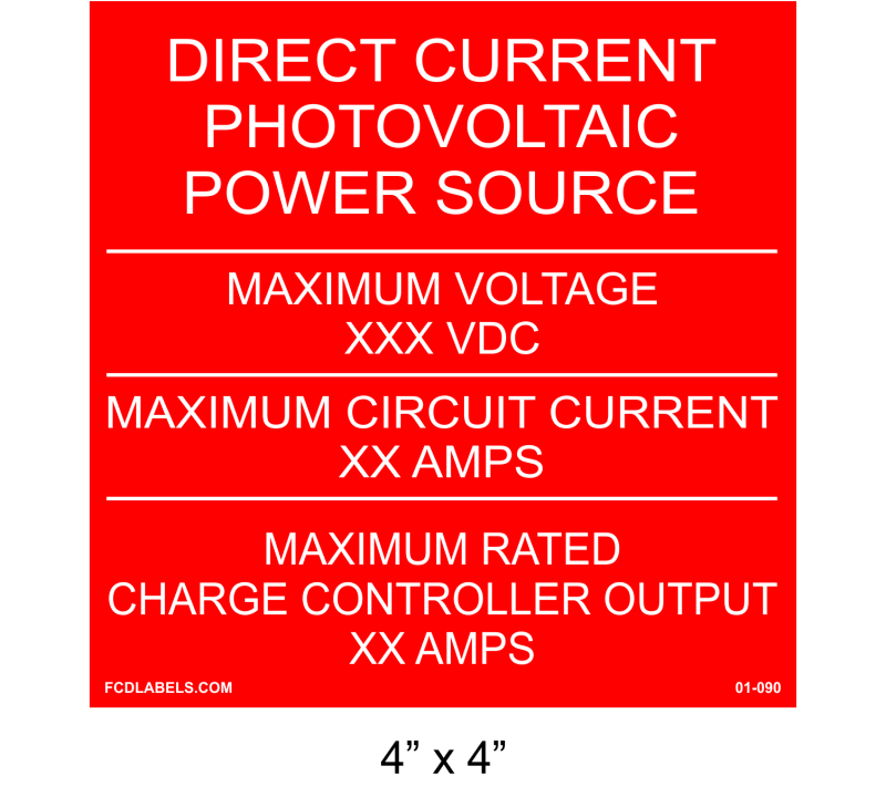 4" x 4" | Charge Controller Output | PV Specification Placard