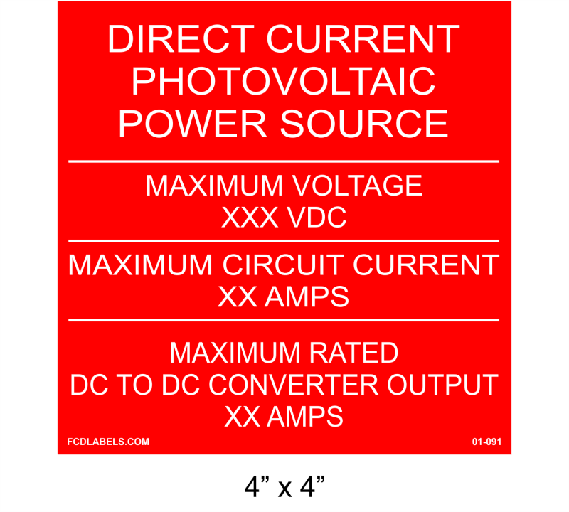 4" x 4" | DC to DC Converter Output | PV Specification Placard