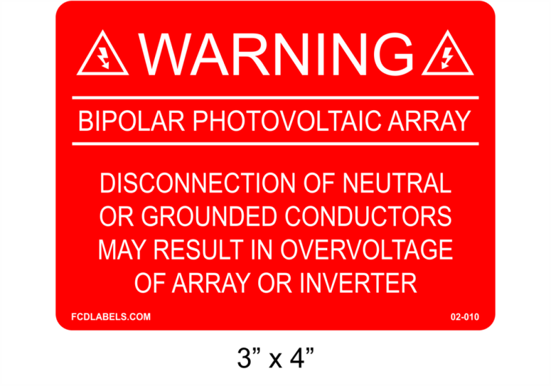 3" x 4" | Bi-Polar Photovoltaic Array | Solar Warning Labels