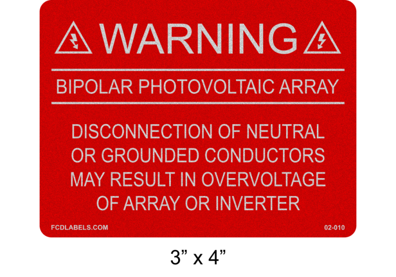 3" x 4" Reflective | Bi-Polar Photovoltaic Array | Solar Warning Labels