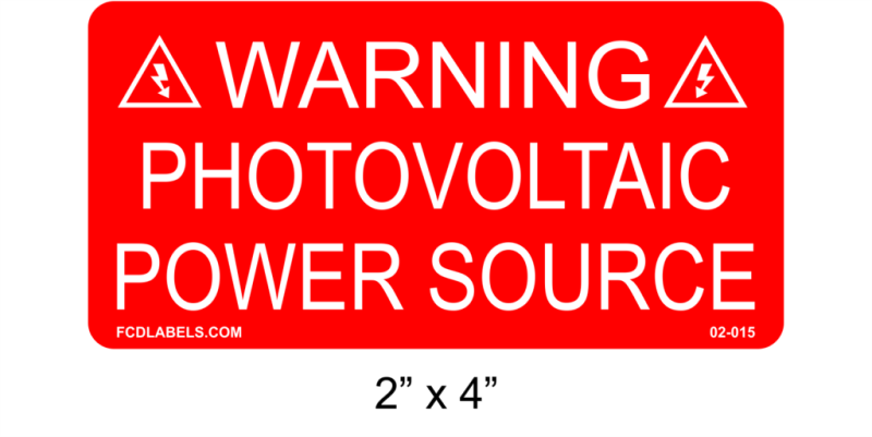 2" x 4" | Warning Photovoltaic Power Source | Solar Electrical Panel Labels