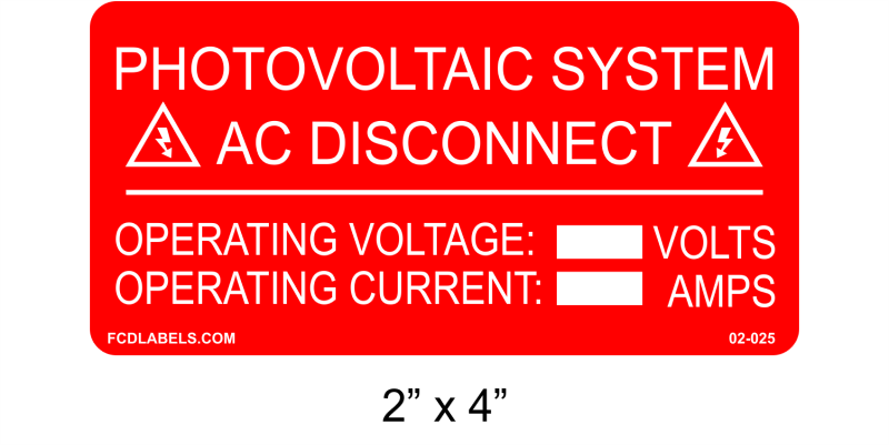 2" x 4" | Photovoltaic System AC Disconnect | Custom Solar Spec Stickers