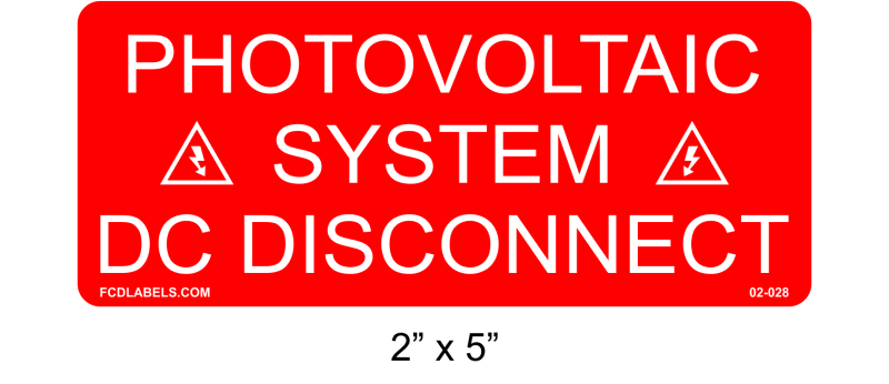 2" x 5" | Photovoltaic System DC Disconnect | PV System Labels
