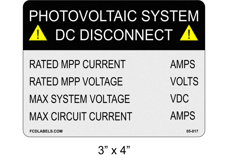 Reflective ANSI 3" x 4" | Photovoltaic System DC Disconnect | Custom Solar Labels