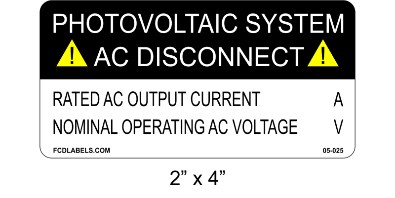 ANSI 2" x 4" | Photovoltaic System AC Disconnect | Custom Solar Spec Stickers