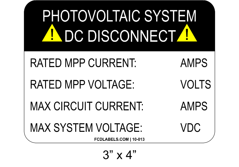 3" x 4" | Photovoltaic System DC Disconnect | Custom Solar Signage