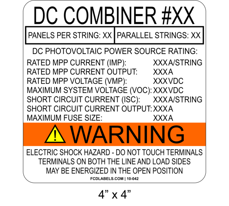 4" x 4" ANSI | DC Combiner | Aluminum Specifications Sign