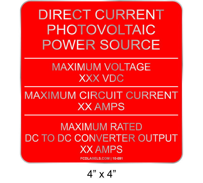 4" x 4" | DC to DC Converter Output | PV Specification Sign
