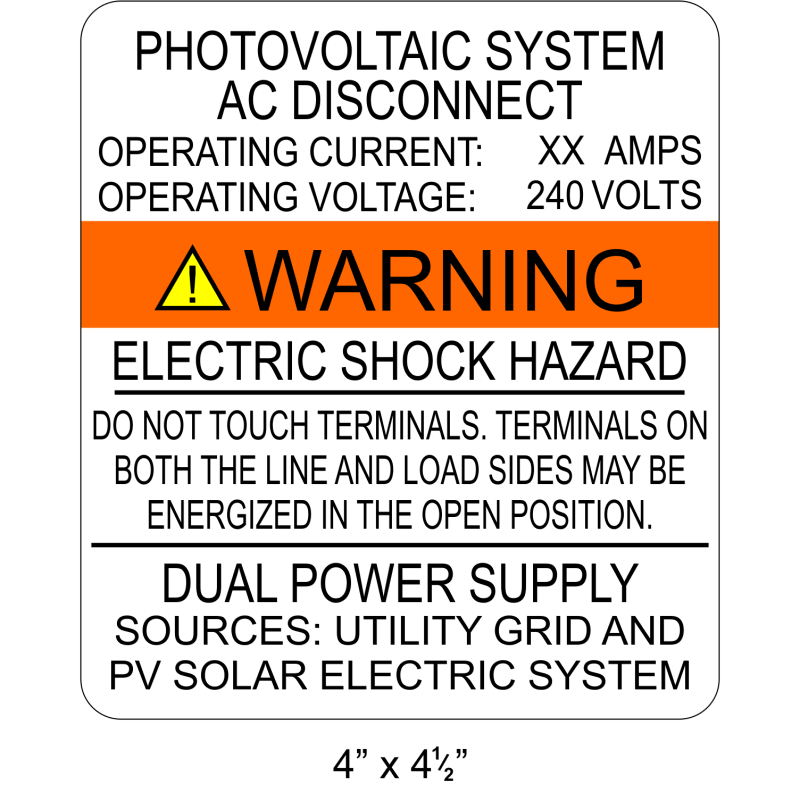4" x 4.5" | Photovoltaic System AC Disconnect | Solar Spec Sign