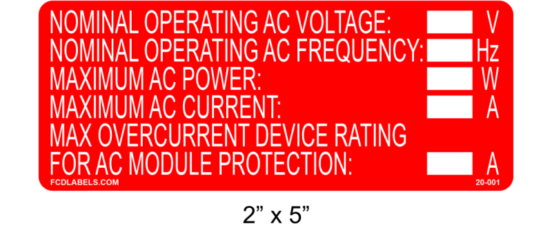 2" x 5" | Nominal Operating AC Voltage | Custom Solar Labels